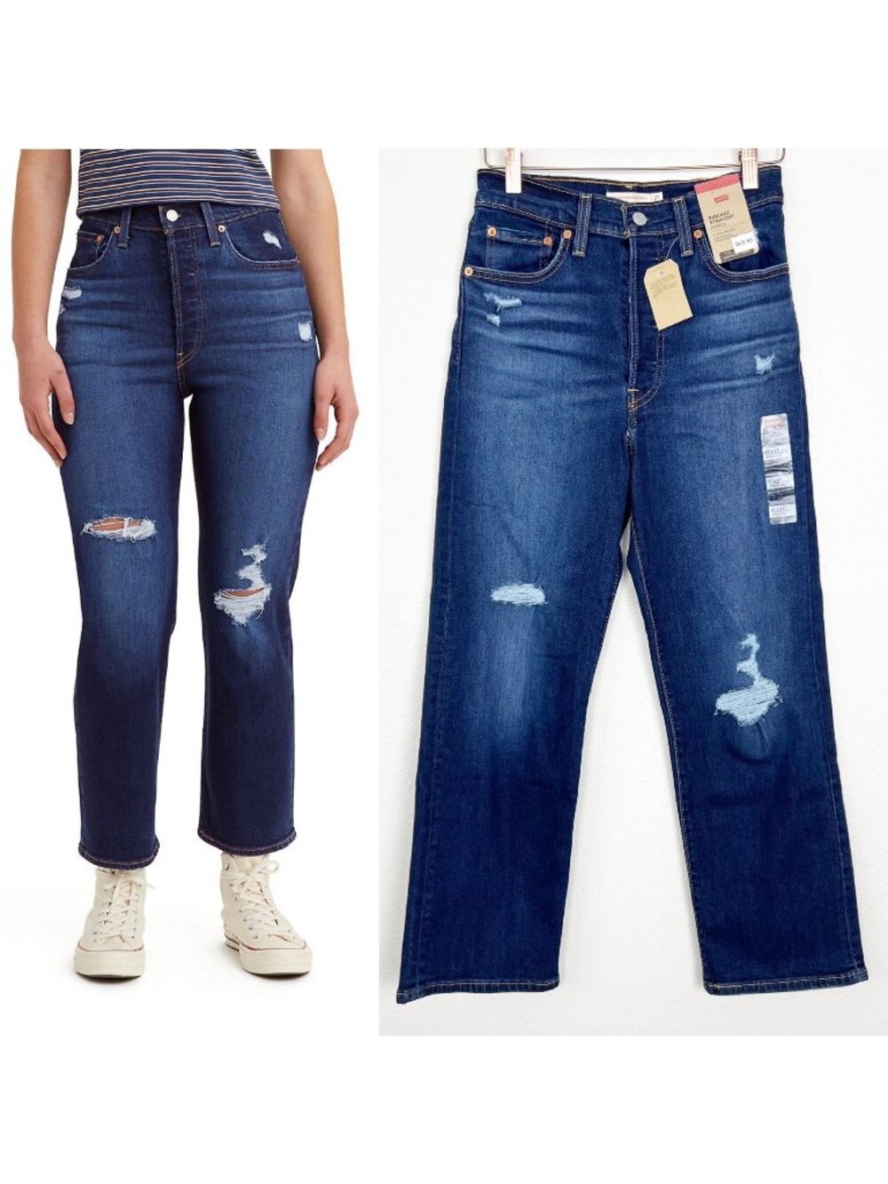 Levi's Ribcage Straight Ankle Jeans Distressed Dark Wash High Rise Womens 27